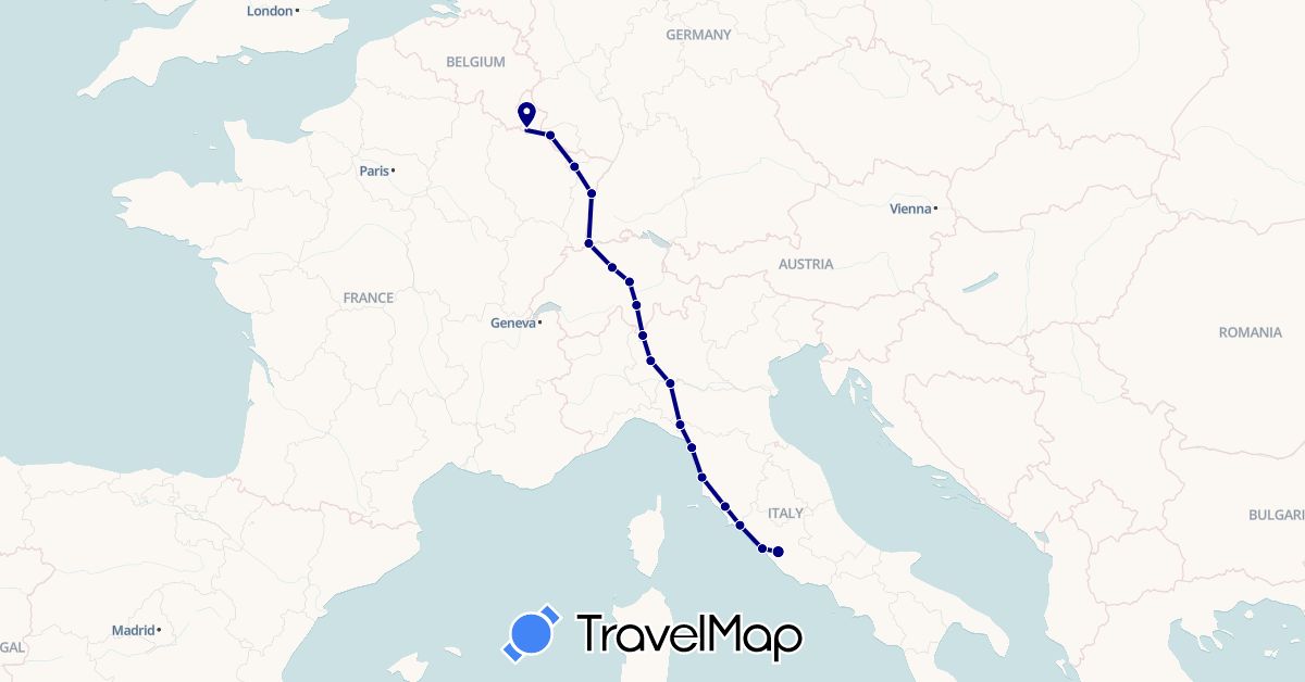 TravelMap itinerary: driving in Switzerland, Germany, France, Italy, Luxembourg (Europe)